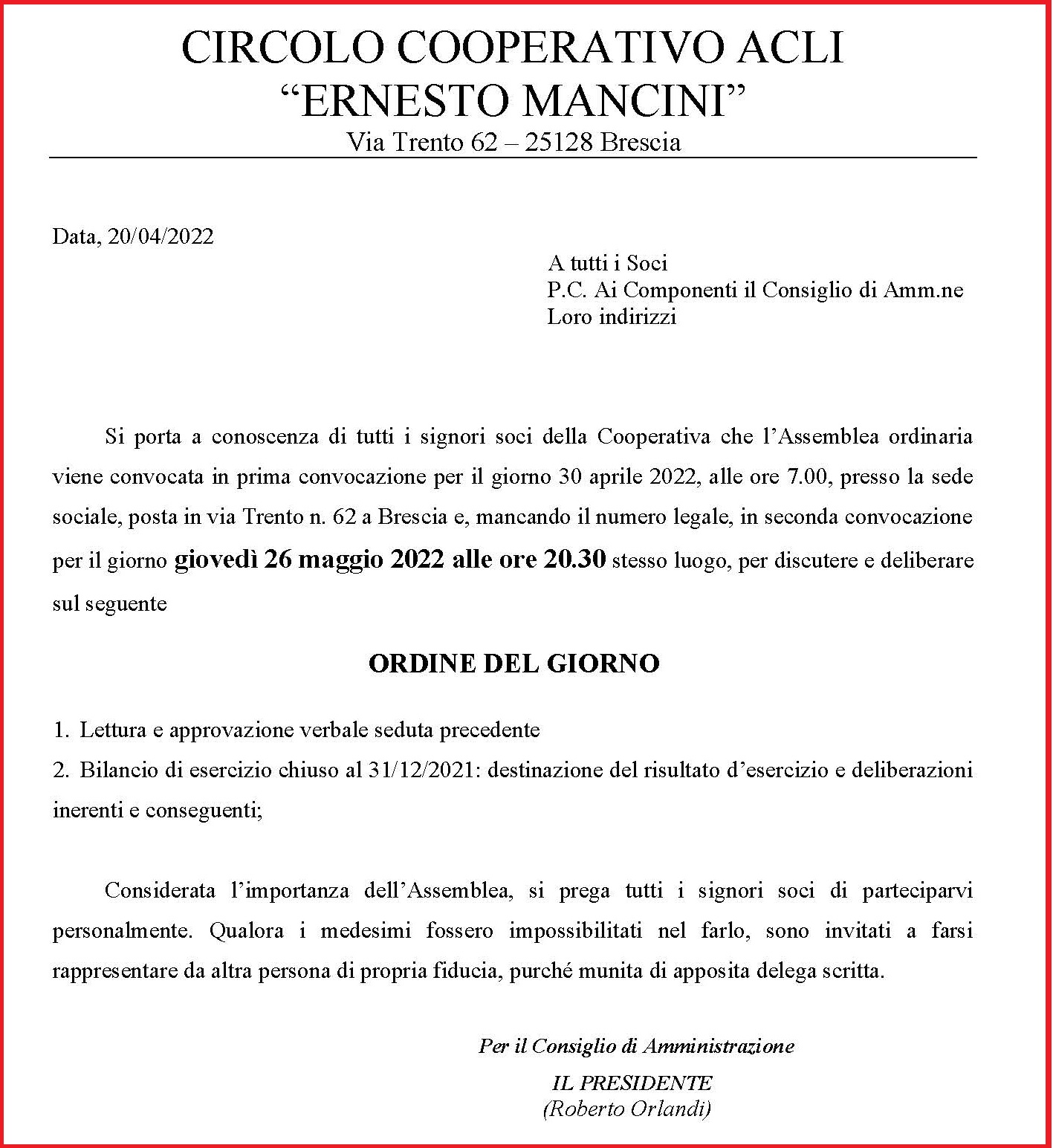 Convocazione assemblea soci CoopMancini